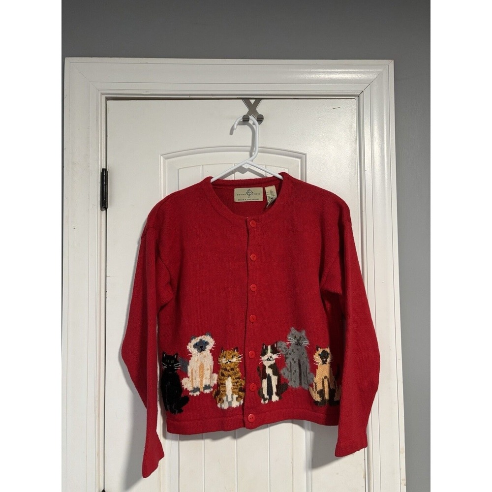 Design Options Philip‎ & Jane Gordon Red Cat Sweater Cardigan Cottage Grandma M